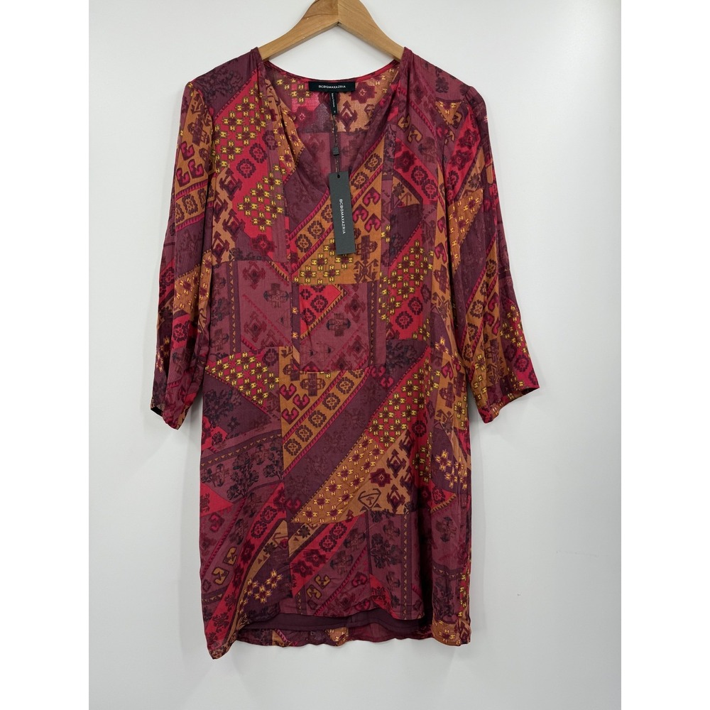 BCBGMAXAZRIA Tunic Top Womens Small Multicolor Folklore Print Sheer Lined NWT